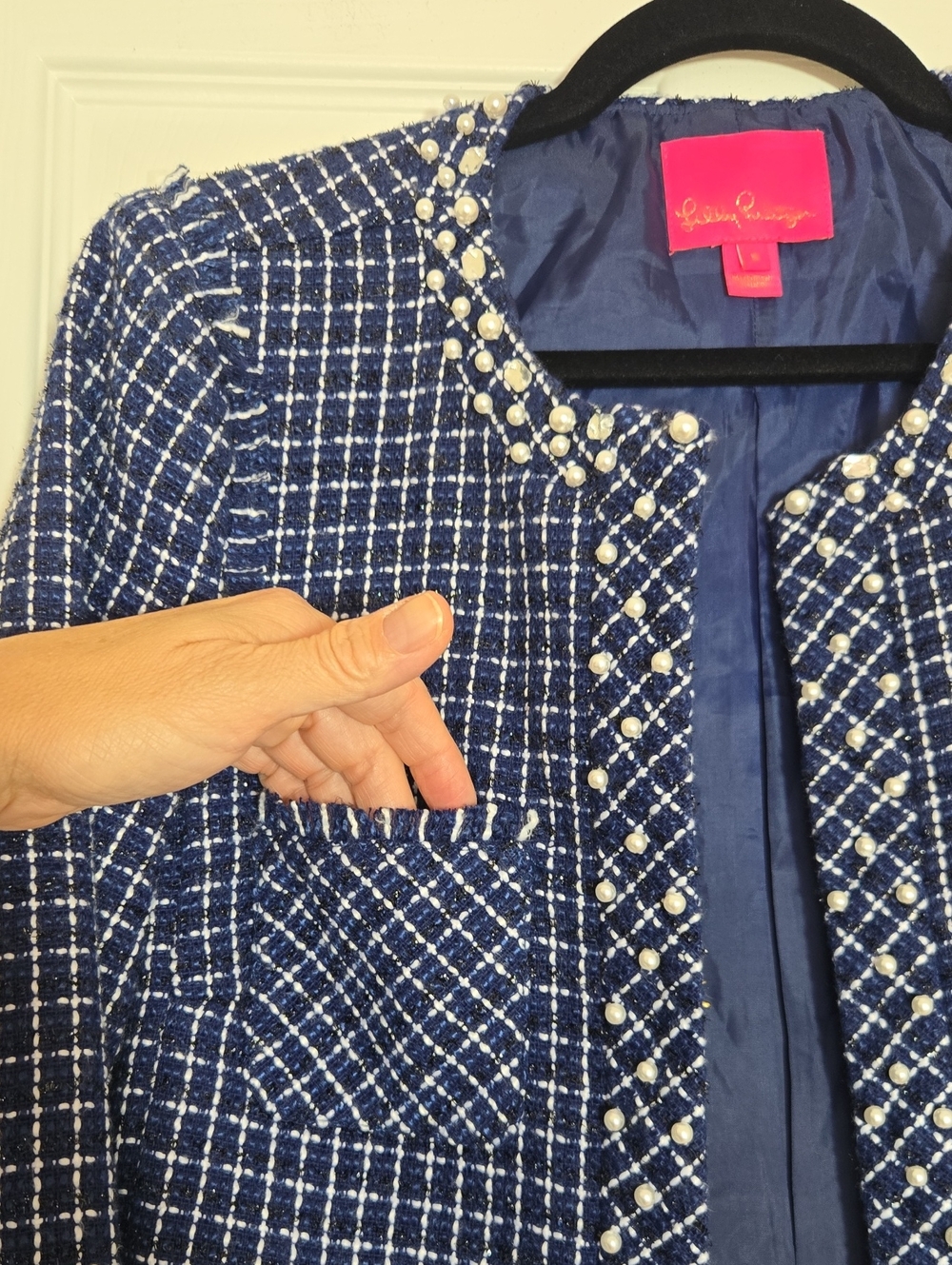 Lilly Pulitzer Vianne Tweed Jacket Low Tide Navy Size 8 Pearl Trim - Picture 6 of 16